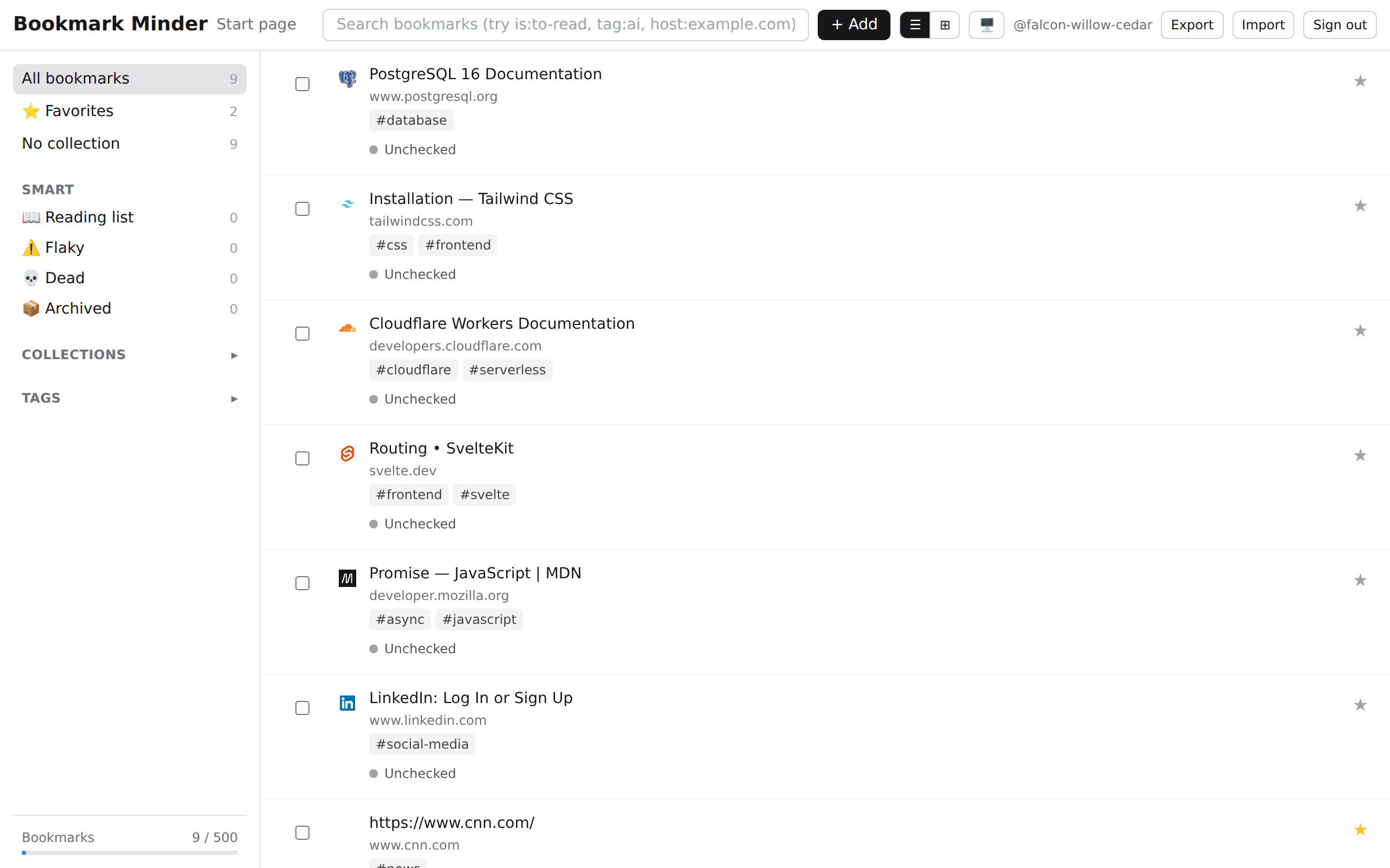 Bookmark Minder dashboard showing a list of saved links