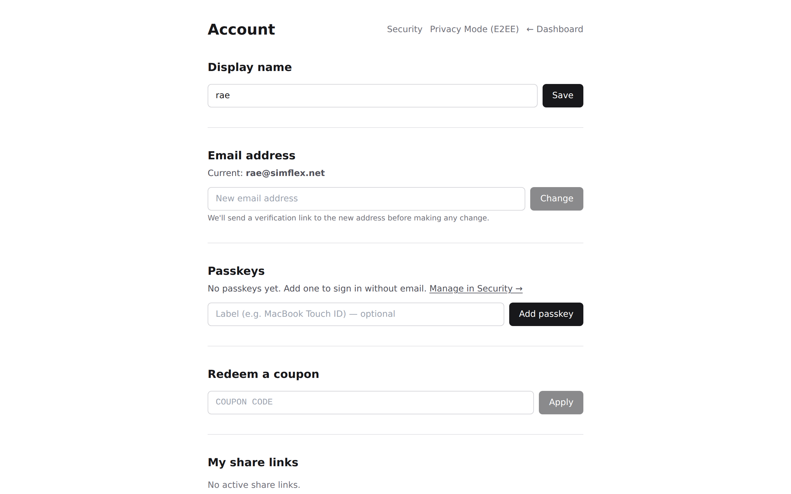Settings page with the data export option
