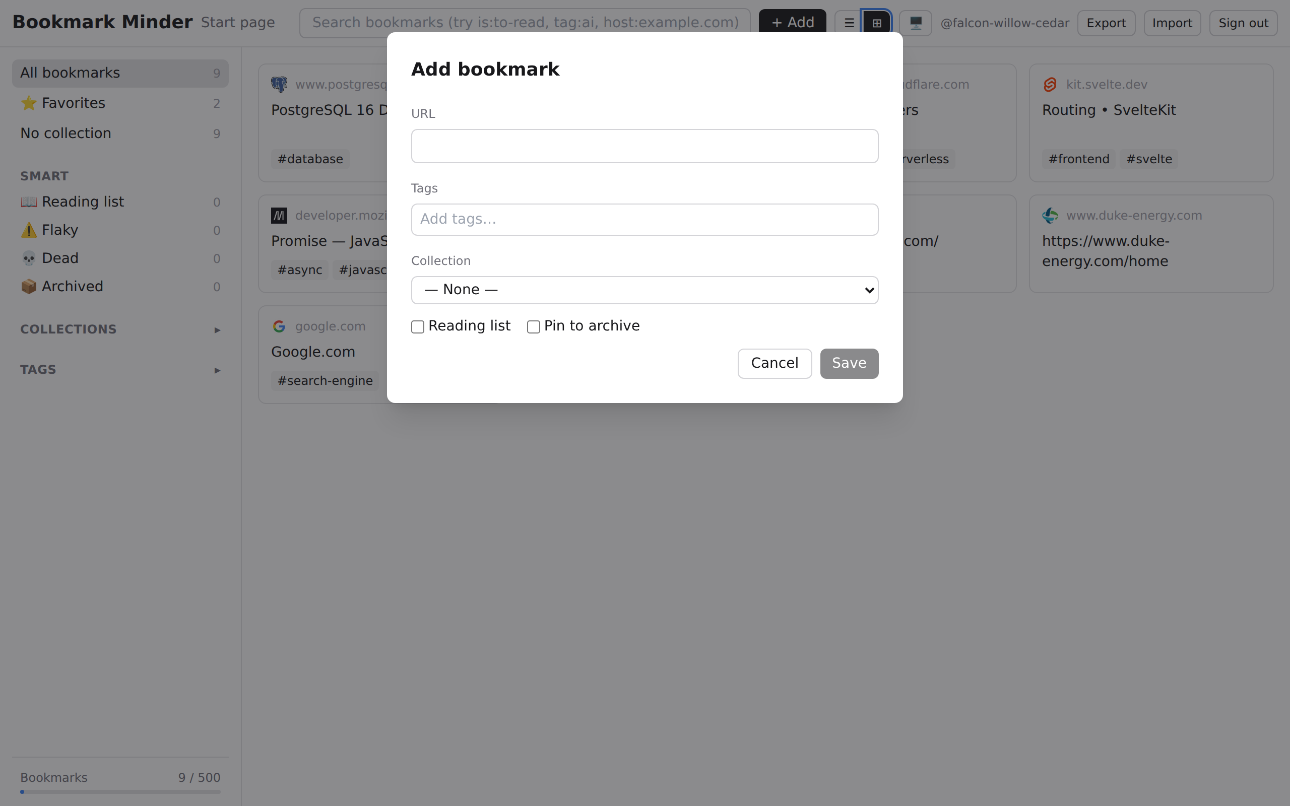 Add bookmark modal with URL, title, description, and tag fields