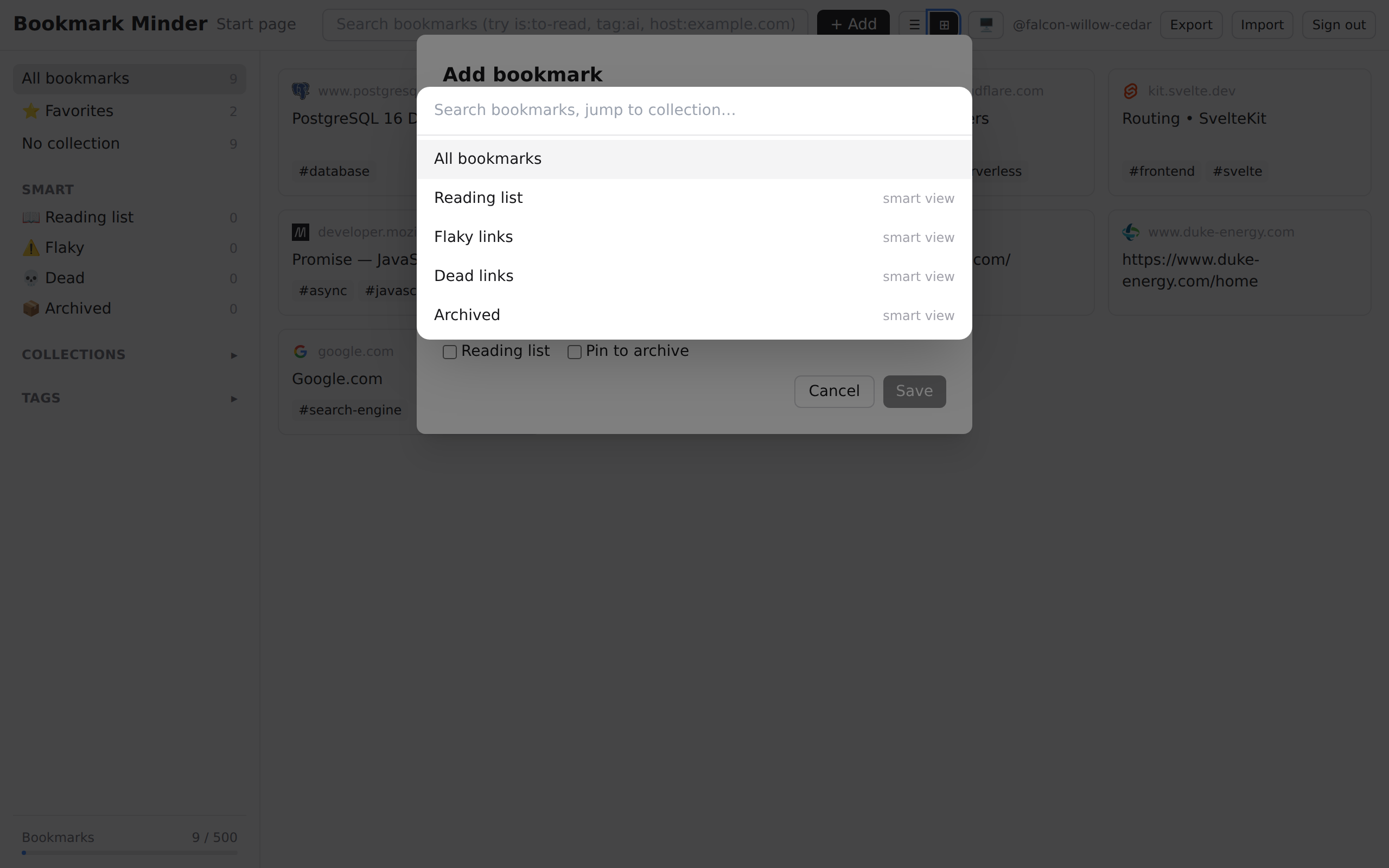 Command palette open with search results showing bookmarks matching the typed query