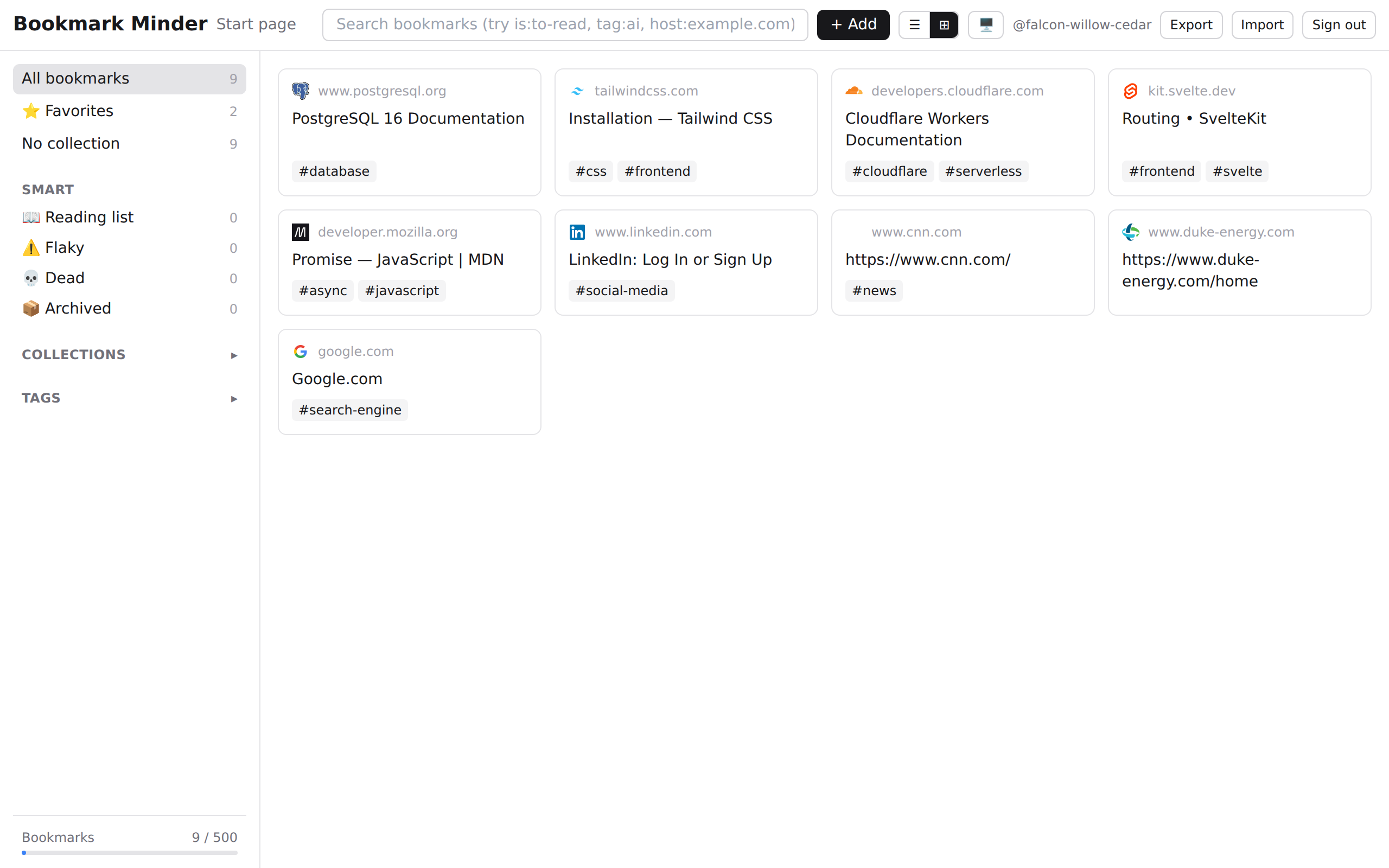 Bookmark Minder in grid view — bookmarks displayed as cards with favicons, titles, and tags